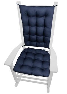 a white and blue chair that is on a white background with the seat cushion down