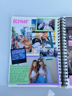 an open notebook with pictures and words on it, including photos from the same page