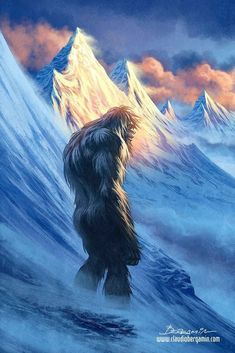 a painting of a bear standing in the snow with mountains in the backgroud