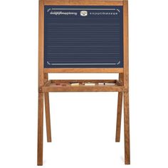 a wooden easel with writing on the top and bottom panel, holding a blackboard