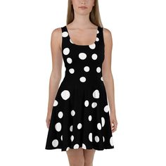 Dress to impress with this sleeveless skater dress! The soft fabric and flared skirt give it an elegant twist that brings out the intricate design with a beautiful vibrancy. Large Irregular White Polka Dots on Black Backround . Please zoom in to see the details. * 82% polyester, 18% spandex * Fabric weight: 6.61 oz/yd² (224 g/m²) * Smooth and elastic fabric * Mid-thigh length flared skirt * Elastic waistline * Overlock seams, coverstitch hemline Pin Up Dresses, Apparel Merchandising, Elastic Fabric, Black Polka Dot, Polka Dot Dress, Skater Dress, Dress Clothes For Women, Flare Skirt, Dress To Impress