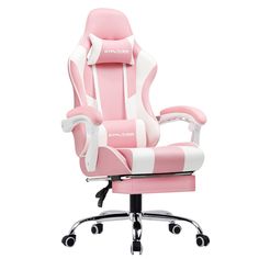 a pink and white office chair with wheels