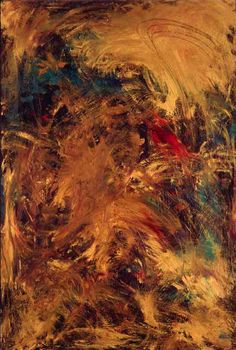 an abstract painting with gold and red colors