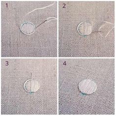 four pictures showing how to make an embroidered circle with yarn and thread on the side