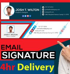 an email signature is displayed on a red, blue and black background with the words mail signature 4 hr delivery