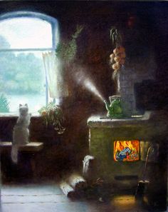 a painting of an old fashioned stove in a room with a cat sitting next to it