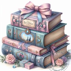 a stack of books with a pink bow on top of each book is surrounded by roses