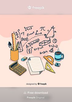 an image of a book, calculator, pencils and other items on a pink background