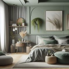 a bedroom with green walls and furniture in the corner, along with plants on the wall