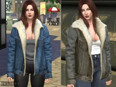 two different images of a woman in a jacket and jeans, one with an open breast