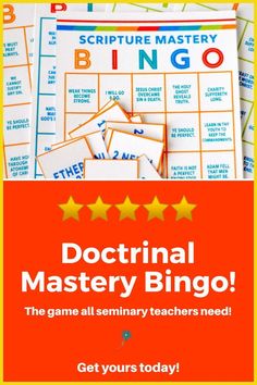 an image of a game with words and numbers on it that says, doctrinal mastery bingo the game all primary teachers need get yours today