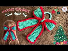 crochet christmas bow hair tie and pony tail for kids to play with in the snow