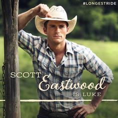 a man wearing a cowboy hat standing next to a wooden pole with the words scott eastwood is like