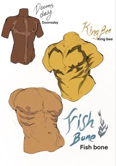 four different types of shirts with the words fish bone on them and an image of two men's tops