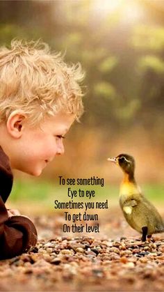 a little boy sitting on the ground next to a bird with a caption that reads, to see something eye to eye some times you need to get down on their level