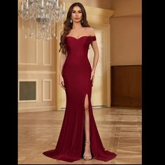 Lace Up Off Shoulder Dress, Elegant Split Floor Length Dress For Party & Banquet, Women's Clothing Red Silky Dress Long, Maroon Dress Accessories, Marine Corps Ball Dresses, Red Gala Dresses, Prom Dresses Dark Red, Fancy Red Dress, Disney Prom Dresses, Dress For Quinceanera, Wine Red Prom Dress