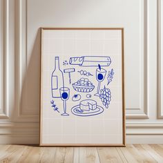 a blue drawing of food and wine on a white wall next to a wooden floor