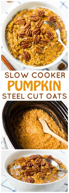 slow cooker pumpkin steel cut oats with pecans in the bowl and on top