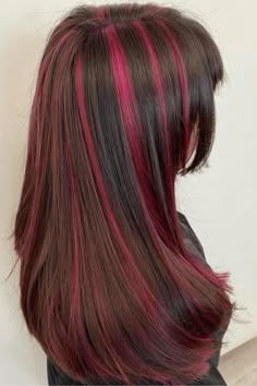 Playful pink skunk streaks that add a pop of color to your hair. This fun and trendy choice can give your hairstyle a fresh, lively vibe. Pink Skunk Hair On Brown Hair, Streaks Of Color In Hair, Red Streak In Brown Hair, Short Skunk Hair, Red Skunk Hair, Trendy Hair Colours, Pink Skunk Hair, Skunk Streak Hair, Pop Of Color Hair