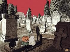 two cats sitting on the ground in front of tombstones