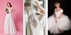 three different pictures of women in wedding dresses and one is wearing a dress with an off the shoulder neckline