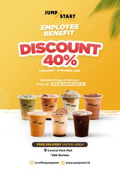 the flyer for jump start employee benefit discount 40 % off, with five different drinks in each