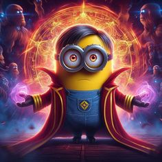 a minion with big eyes standing in front of some other characters