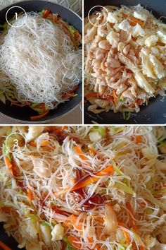 three pictures show the process of making noodles and vegetables in a wok with chopsticks