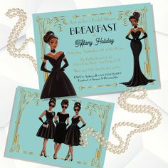 two business cards with an image of women in evening gowns and pearls on them