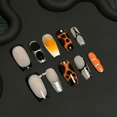 Gigi Nails, Black Color Scheme, Autumn Nail Art, Luxury Press On Nails, Autumn Nail, Grunge Nails, Hello Lovely, Orange Nails, Fire Nails