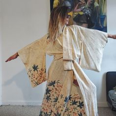 Vintage Japanese Kimono. Semi-Sheer Fabric With Shine. Creamy Background With Open And Colored Stenciled Flowers. Can Be Worn Open Or Belted. One Size Fits Most But See Measurements To Confirm. Length - 59 Sleeve - 13 Pit To Pit - 26 This Kimono Can Be Hemmed To A Specified Length At No Additional Charge. Vintage Floral Print Kimono, Summer Vintage Silk Kimono, Blue Long Sleeve Vintage Kimono, Vintage Multicolor Long Sleeve Kimono, Vintage Multicolor Kimono, Vintage Japanese Kimono, Sleepwear Robe, Japanese Kimono, Blue Cream