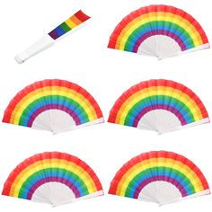 four different colored paper fans with one white stick sticking out of the top and two are red, yellow, green, blue, orange, and pink