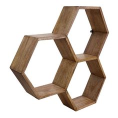 a wooden hexagonal shelf with three shelves