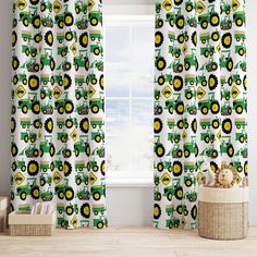 the curtains are decorated with tractors and farm animals in green, yellow, and white