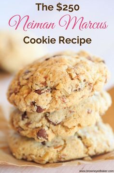 three cookies stacked on top of each other with the words chocolate chip cookie recipe above them