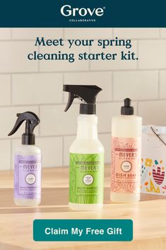 three bottles of cleaning products sitting on top of a wooden table with the text grove meet your spring cleaning starter kit claim my free gift