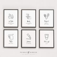 four black and white prints with different types of bathroom items on the wall above them