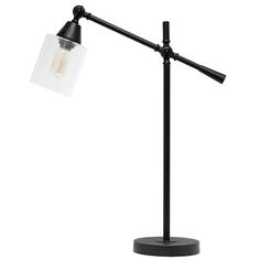 a black table lamp with a clear glass shade on the base and an adjustable arm