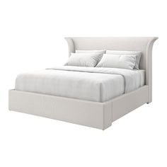 a bed with white linens and pillows on it's headboard, in front of a white background