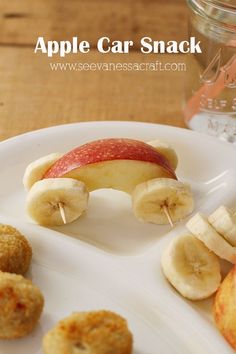 an apple and banana snack on a white plate