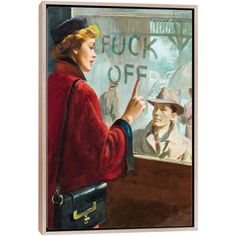 a painting of a woman pointing at a sign