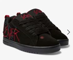 Black Dc Shoes Outfit, Metalhead Shoes, Y2k Shoes Men, Red Shoes Outfit Men, Skater Clothing, Tenis Dc, Dc Sneakers