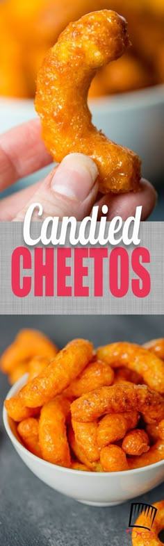 a hand holding a pretzel with the words candied cheetos on it