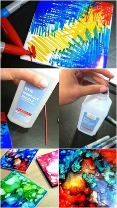 a collage of pictures with different colors and designs on them, including paintbrushes