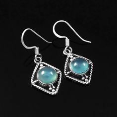 Solid 925 Sterling Silver Aqua Chalcedony Oxidized Dangle Earrings SJ0122 Sterling Silver Pendant Earrings Fine Jewelry, Chalcedony Stone, Aqua Chalcedony, Everyday Accessories, Solid 925 Sterling Silver, Special Events, Metallic Silver, Blue Color, Jewelry Collection