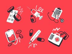 various medical devices are shown on a red background