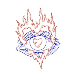 an eye with flames surrounding it and a heart in the center, on white paper