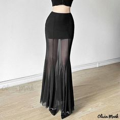 Olivia Mark - Classy High-Waisted Mesh Panel Bodycon Skirt - Solid Colors Cyberpunk Skirt, Rok Tile, Streetwear Skirt, Black Long Skirt, Mesh Maxi Skirt, Skirt Streetwear, Clothes Wishlist, Streetwear Girl, Y2k Skirt