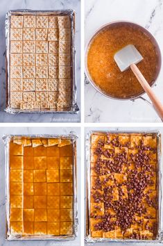 four pictures showing how to make baked desserts with graham crackers and other toppings