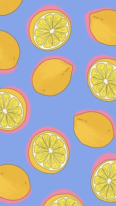 a bunch of lemons on a blue background with pink and yellow circles around them